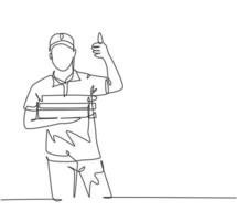 One line drawing of young happy pizza delivery man gives thumbs up gesture before deliver package to customer. Food delivery service business concept. Continuous line draw design vector illustration