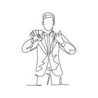 One line drawing of young happy successful businessman show money paper stack and gives thumbs up gesture. Business success concept. Continuous line draw design vector illustration