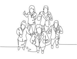 One line drawing of group of businessmen and businesswoman giving thumbs up gesture from top view. Business meeting and teamwork concept. Continuous line draw design vector illustration