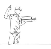 One line drawing of young happy pizza delivery man gives thumbs up gesture before deliver package to customer. Food delivery service business concept. Continuous line draw design vector illustration