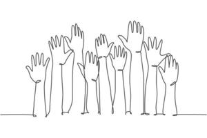 One single line drawing of group of people open up and raising their hands up into the air. Business team work concept. Modern continuous line draw design graphic vector illustration
