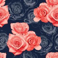 Seamless pattern red rose flowers vintage abstract dark blue background.Vector illustration drawing watercolor style.For used wallpaper design,textile fabric or wrapping paper. vector