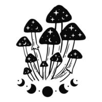 Black and white illustrations with magic mushrooms and moon phases. vector