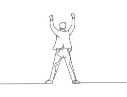 One single line drawing of young happy business man standing and fist his hands to the air to celebrate his success, back view. Business deal concept continuous line draw design vector illustration