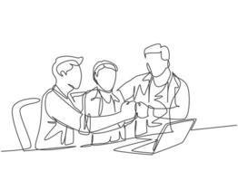 One continuous line drawing of multi level marketing or MLM upliner doing presentation with laptop to prospect downliner candidate. MLM business concept single line draw design vector illustration