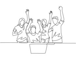 One continuous line drawing of young happy female start up CEO and his subordinates celebrating their success achieve the business target. Team work goal concept single line draw design illustration vector