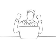 One single line drawing of young happy business man sitting on chair and open laptop to read business contract agreement. Business deal concept continuous line draw graphic design vector illustration