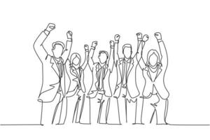 One single line drawing of group of young happy ceo and his colleagues celebrating their success achieving the company business target. Team work goal concept continuous line draw design illustration vector