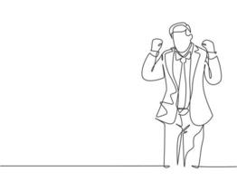 One single line drawing of young happy business man standing and fist his hands to the air to celebrate new business contract agreement. Business deal concept continuous line draw design illustration vector