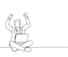 One single line drawing of young happy male manager sitting on floor and clenched fist raise in the air while on a laptop. Success business deal concept continuous line draw design vector illustration