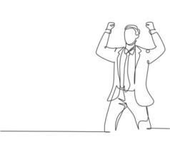 One single line drawing of young happy CEO standing and fist his hands to the air to celebrate new funding from investor. Business funding concept continuous line draw design vector illustration