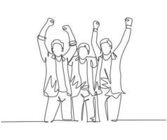 One continuous line drawing of young startup founders and CEO raised their fist into the air to celebrate their success got fund from investor. Business concept single line draw design illustration vector