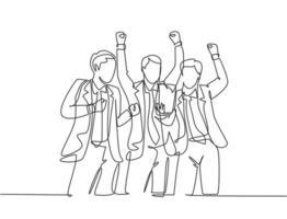 One continuous line drawing of young startup founders and CEO raised their fist into the air to celebrate their success got fund from investor. Business concept single line draw design illustration vector