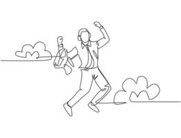 One line drawing of young happy business man carrying a suit jumping over the cloud while listening music. Business success celebration concept continuous line draw design vector graphic illustration