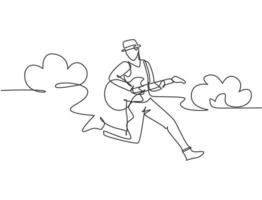 Single line drawing of young energetic guitarist jumping at stage and playing his electric guitar. Energetic musician artist performance concept. Continuous line draw design vector illustration