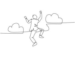 One line drawing of young happy and energetic business man punching a fist into the air and jumping over the cloud. Business success celebration concept continuous line draw design vector illustration