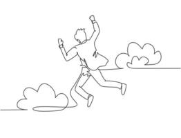 One line drawing of young happy and energetic business man punching a fist into the air and jumping over the cloud. Business success celebration concept continuous line draw design vector illustration