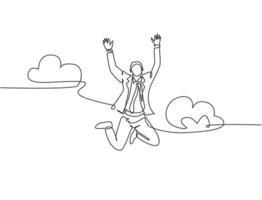 One line drawing of young happy and energetic business man stretch out his hands into the air and jumping over the cloud. Business celebration concept continuous line draw design vector illustration