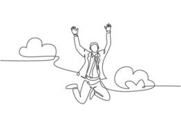 One line drawing of young happy and energetic business man stretch out his hands into the air and jumping over the cloud. Business celebration concept continuous line draw design vector illustration