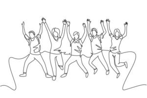 un grupo de dibujo de líneas de jóvenes estudiantes universitarios masculinos y femeninos felices saltando para celebrar el resultado de su examen final. concepto de celebración de la educación. Ilustración de vector de diseño de dibujo de línea continua