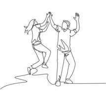 Single line drawing of young happy couple male and female so happy and jumping give high five gesture together. Business teamwork concept. Continuous line draw design graphic vector illustration