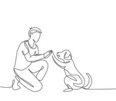 One single line drawing of young happy boy giving high five gesture to his puppy dog at outfield park. Pet care and friendship concept. Continuous line draw graphic design vector illustration