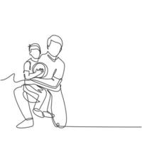 Single line drawing of young happy father hugging her child that carried a basket ball on basketball court. Parenting family concept. Modern continuous line draw design vector graphic illustration