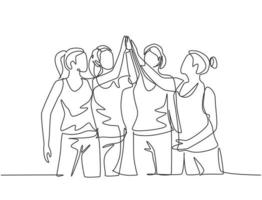 dibujo de una línea de un grupo de mujeres jóvenes felices dando cinco gestos después de hacer un poco de ejercicio aeróbico en el gimnasio juntos. concepto de fitness línea continua dibujar diseño ilustración vectorial vector