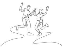 Single line drawing of young happy student couple jumping to celebrate their final exam result graduation together. Campus life education concept. Continuous line draw design vector illustration