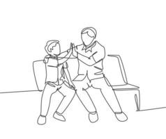 Single line drawing of young happy father sitting relax on wood bench next to his kid and giving high fives gesture. Parenting family concept. Continuous line draw design graphic vector illustration