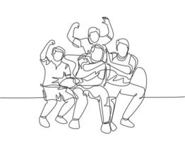 One single line drawing of young happy group fans siting on sofa and watching their favorite club playing the match on the television. Fans club concept continuous line draw design vector illustration