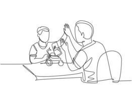 Single line drawing of of father accompany his kid playing a robot action figure model kit and gives high five gesture. Parenting concept continuous line draw design graphic vector illustration