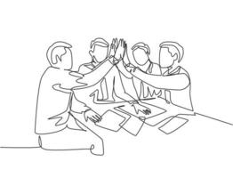 One line drawing of young businessmen and businesswomen celebrating their successive goal at the business meeting with high five gesture. Business deal concept continuous line draw design illustration vector