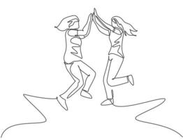 Single line drawing of two young happy women jumping and giving high five gesture to celebrate business successful. Friendship concept continuous line draw design graphic vector illustration