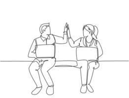 One line drawing of young happy couple business man and business woman opening their laptop and giving high five gestures. Business teamwork concept. Continuous line draw design vector illustration