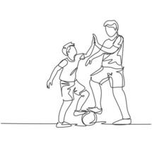 Single line drawing of father and son playing football together on outdoor field and giving high five gesture. Parenting concept continuous line draw design graphic vector illustration