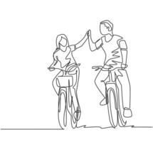 Single line drawing of young happy couple riding bicycle romantically holding hands together at outdoor park. Love relationship concept. Continuous line draw graphic design vector illustration