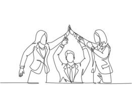 One line drawing group of two young assistant manager celebrating their successive goal with high five gesture. Business deal concept continuous line draw design vector graphic illustration