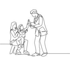 Single line drawing of young happy father visited by his son and wife at office then giving high five gesture. Parenting care concept. Modern continuous line graphic draw design vector illustration