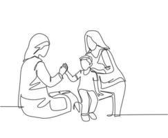 Single line drawing of young happy female doctor checking up sick patient boy and giving high five gesture. Medical healthcare concept. Trendy continuous line draw design vector graphic illustration