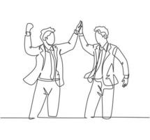One line drawing of two young happy businessmen celebrating their successive goal with high five gesture together. Business deal concept continuous line draw design graphic vector illustration