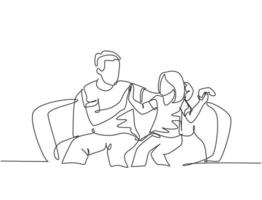 Single line drawing of father and daughter sitting on couch playing console video game together and giving high five gesture. Parenting concept continuous line draw design graphic vector illustration