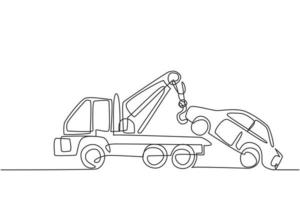 Continuous one line drawing tow truck is lifting the broken car to be lifted onto it using the crane. The car was damaged in a traffic accident. Single line draw design vector graphic illustration.