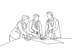 Single continuous line drawing of young workers talking seriously about company policy around the table. Office employee life discussion concept. One line draw design graphic vector illustration