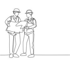 One continuous line drawing of young architect explaining building design blueprint to contractor. Construction business planning concept. Modern single line draw graphic design vector illustration