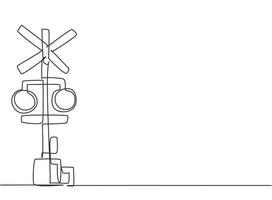 dibujo de una sola línea de barrera ferroviaria con señales y luces de advertencia en una posición abierta que permite a los vehículos cruzar las líneas ferroviarias. Ilustración de vector gráfico de diseño de dibujo de línea continua moderna