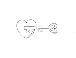 Single continuous line drawing of pair heart shaped key and keyhole fit on puzzle symbol. Romantic couple mate marriage concept. Modern one line draw graphic design vector illustration