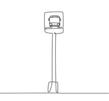 Single one line drawing of a bus stop with a simple bus sign located on the side of an urban road where passengers get on and off. Modern continuous line draw design graphic vector illustration.