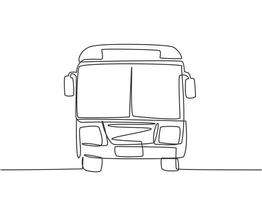 Continuous one line drawing front view of bus that is stopped at the bus stop waiting for passengers to get on and off, then continue their journey. Single line draw design vector graphic illustration