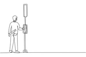 Single continuous line drawing a man pushes a button at a traffic light to cross the road on a zebra crossing. Road is busy during office hours Dynamic one line draw graphic design vector illustration